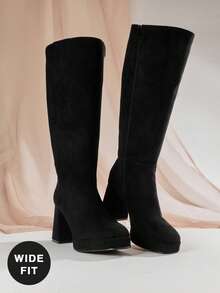 SHUZIA Giày bốt cao đến đầu gối bằng da lộn giả mũi vuông, kiểu dáng rộng, thoải mái, quyến rũ dành cho nữ, có khóa kéo bên trong - màu đen - Xem 6