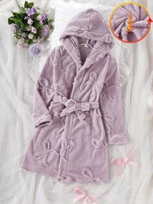 Girls' Pink Minimalist Chic Bow Floral Plush Long Sleeve Robe, Casual Sleepwear For Winter Home Scenes, Warm Throughout The Winter