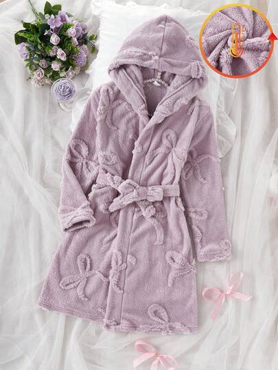 Girls' Pink Minimalist Chic Bow Floral Plush Long Sleeve Robe, Casual Sleepwear For Winter Home Scenes, Warm Throughout The Winter