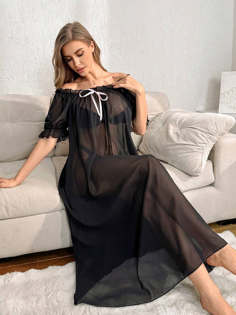 SHEIN 性感透明网眼 V 领蝴蝶结短袖女式睡袍 - 黑色 - 查看 1