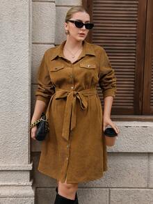 EMERY ROSE Plus Size Solid Color Front Button Belted Casual Long Sleeve Dress