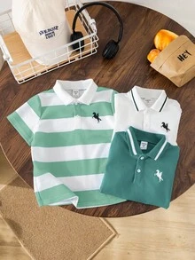 SHEIN 3 件套年轻男孩休闲运动学院风图案圆领短袖 Polo 衫套装，适合日常穿着、上学、户外活动、春夏季节 - 薄荷綠 - 查看 7