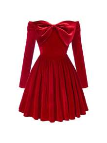 SHEIN Váy ngắn nữ, hở vai, trễ vai, dáng rộng, thắt nơ, thích hợp cho tiệc tùng, Giáng sinh, Thu/Đông - Đỏ - Xem 5