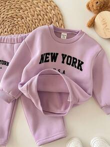 SHEIN 2 Stücke Baby Mädchen Oversized Buchstaben-Muster Rundhals Sweatshirt und Hose Set, lässiger Outfit für Outdoor und Zuhause, Baby Mädchen Sweat Set, Baby 2-teiliges Set, Baby lässige Sets, 2-teilige Sets, Baby Mädchen Trainingsanzug Herbst Winter - Mauve - Übersicht 7