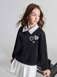 Áo nỉ cổ tròn rộng rãi họa tiết trái tim sequin dành cho bé gái tuổi mới lớn - màu đen - Xem 2
