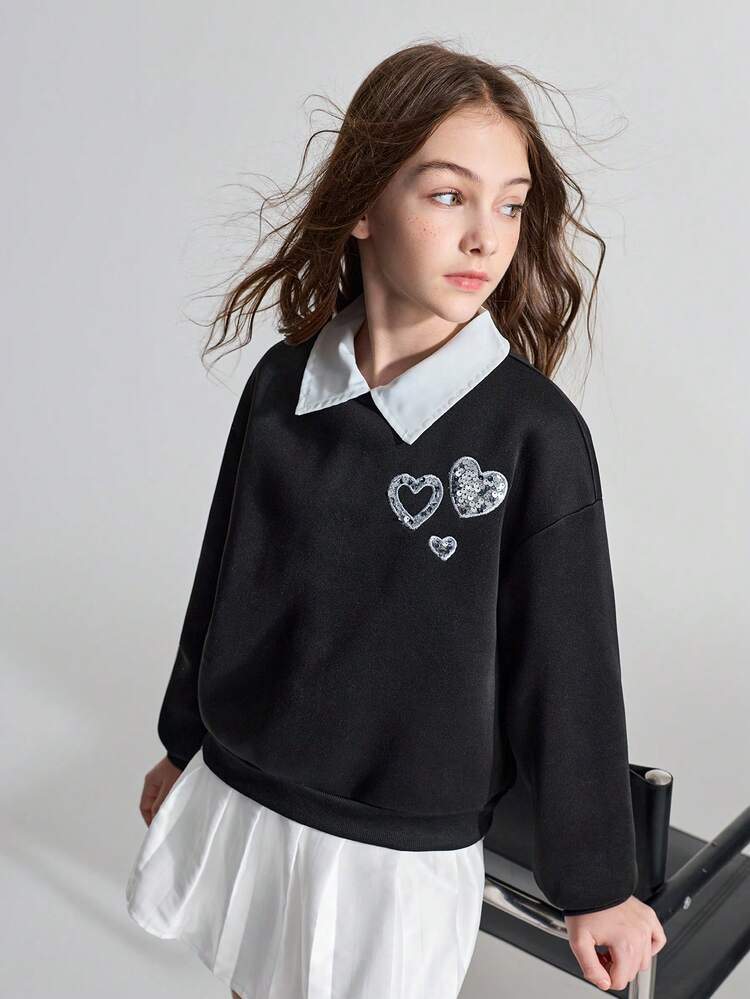 Tween Girls' Heart Sequin Graphic Loose Fit Crew Neck Sweatshirt