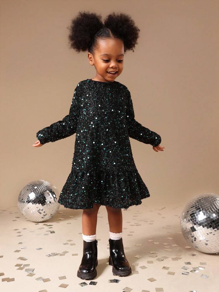 Sequin Long Sleeve Dropped Waist Dress