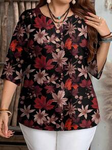 EMERY ROSE Plus Size Women Casual Leaf Print 3/4 Sleeve Shirt, Suitable For Summer - Multicolor - View 4