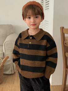 Hapijoa Sweter polo dla chłopców w paski z blokami kolorów i długim rękawem - Brązowy - Zobacz 3