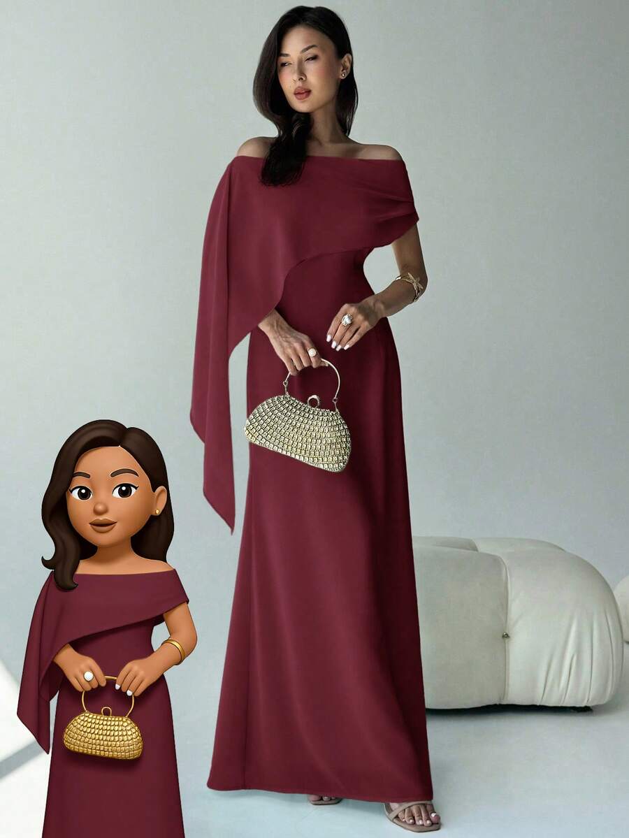 Aloruh New Off Shoulder Boat Neck Slim Fit Flowy Dress With Tie Detail, Versatile For Birthday, Party, Cocktail, Green Color,Dresses For Women Elegant,New Year Dress ,Elegant Party Dresses