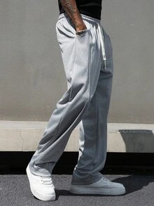 Manfinity EMRG Men's Casual Solid Color Drawstring Waist Sweatpants Loose Straight Leg Grey Summer Baggy Gym Oversized Pants Streetwear - Light Grey - View 7