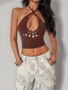 SHEIN Unity 性感朋克风纯色镂空挂脖上衣 - 棕色 - 查看 3