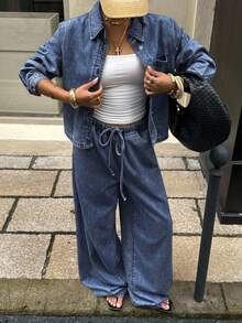 Muchica 浅蓝色女式长袖单排扣衬衫和裤子休闲牛仔套装 - 中等水洗藍 - 查看 4