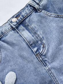 SHEIN ChillGRL 少女时尚雪花水洗做旧刺绣阔腿牛仔裤 - 淺色水洗藍 - 查看 7