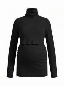 SHEIN 孕妇哺乳上衣，纯色简约日常穿着，高领长袖衬衫 - 黑色 - 查看 7