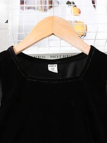 Firerie Kids 年轻女孩优雅提花网眼泡泡袖方领黑色天鹅绒连衣裙