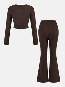 SHEIN 2 piezas Conjunto informal para niñas preadolescentes: Camiseta de manga larga con cuello redondo + Pantalones acampanados, Conjunto de otoño/invierno - Café integral - Ver 2