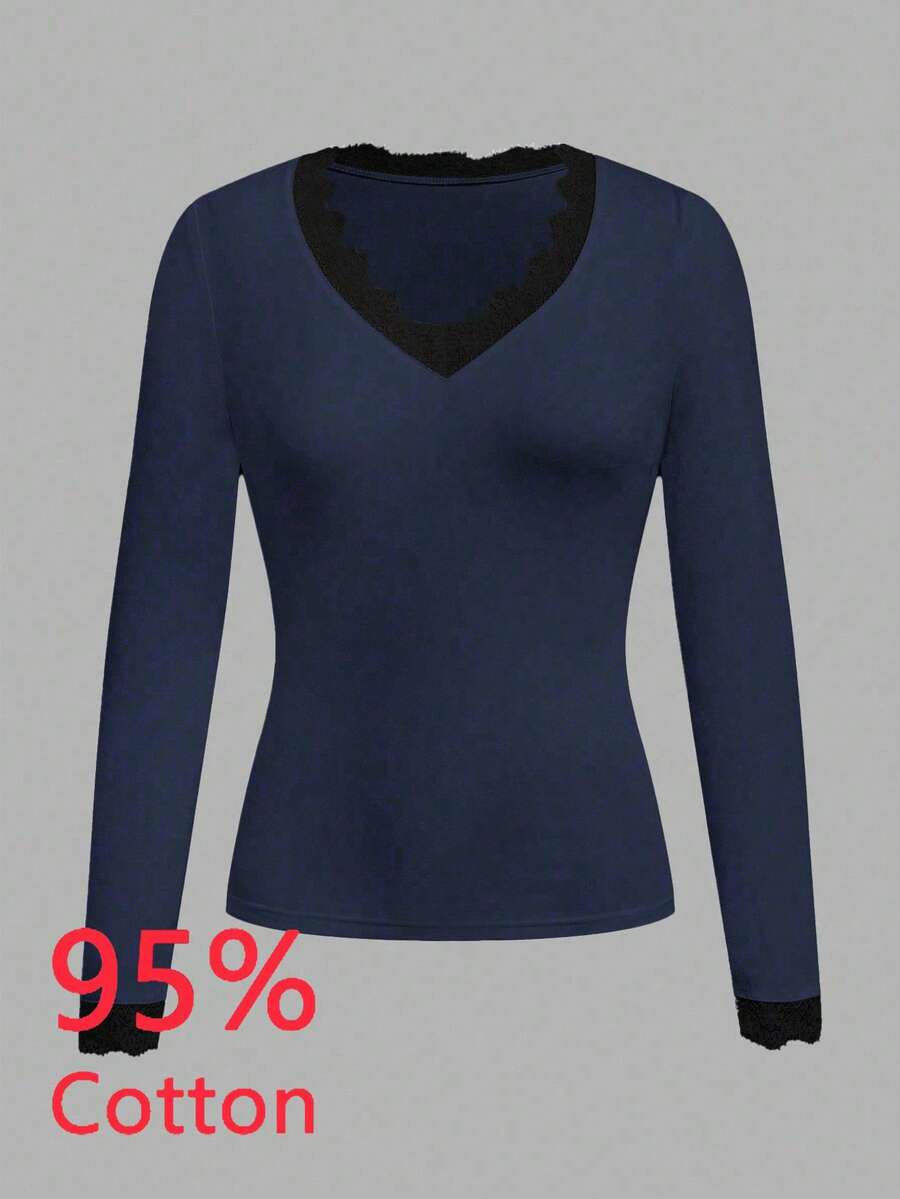 Tseoso Casual Deep V-Neck Lace Trim Fitted Long Sleeve T-Shirt, Suitable For Autumn/Winter - Blue - View 1