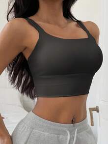 DAZY 女士轻盈塑形纯色简约运动文胸吊带背心 - 深灰色 - 查看 6