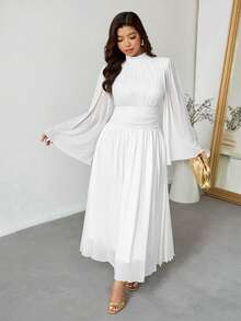 Firerie 大码女式优雅浪漫优雅日常通勤海滩度假立领褶皱高腰 A 字形喇叭长袖连衣裙 - 白色 - 查看 8