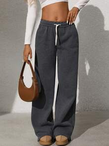 Flirla Tall 深灰色低腰折叠抽绳腰部斜口袋直腿阔腿下摆开衩宽松运动裤适合高个子女性，秋冬，极简主义，百搭，运动休闲，学术，通勤，家居，舒适，日常穿着 - 深灰色 - 查看 3