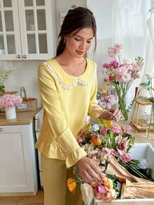 Snug Reverie Sweet Ruffle Trim Solid Color Lace Collar Pajama Set Yellow Pajamas For Women Yellow Pajama Set Lace Collar Pajamas Pajama Sets For Women, Fall & Winter Clothes - Yellow - View 3