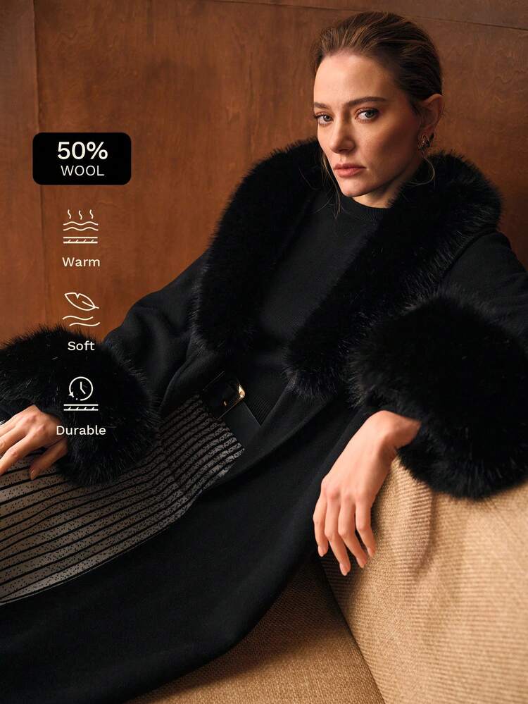 Wool Collar Patchwork Long Waist Cinched Overcoat, Autumn/Winter