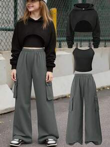 SHEIN ChillGRL 3pcs/Set Street Cool Kids Girls' Spring/Autumn American Casual Fashion Minimalist Hip Hop Style Cropped Hoodie, Midriff Exposed Sweatshirt, And Straight Leg Cargo Pants - Black - View 3