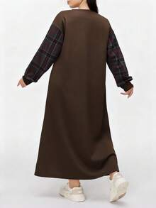 Modelyn Women's Casual Plaid Patchwork Long Dress, Autumn/Winter - Coffee Brown - View 5