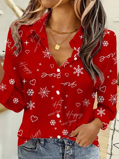 EMERY ROSE Women's Long Sleeve Christmas Pattern Shirt, Autumn And Winter. New Year, Christmas Tree Pattern, Festive Christmas Themes Such As Santa Claus,2026 Gifts, Snowflakes, Casual Outings, Vintage