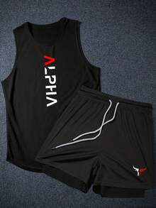 Gym Rark Men's Letter Print Tank Top And Drawstring Waist Shorts Sports Suit,Black Summer Athleisure Gym Wear Set,Basketball Breathable Workout,Lightweight - Black - View 1