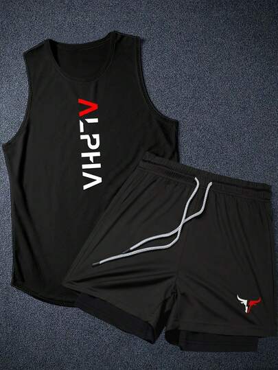 Manfinity Sport Corelite Bộ đồ thể thao nam gồm áo ba lỗ in chữ và quần short cạp chun, đồ tập gym, bộ đồ thể thao năng động, bộ áo ba lỗ thể thao, bộ đồ tập luyện, bộ đồ bóng rổ thoáng khí, bộ đồ tập gym, bộ đồ tập luyện.