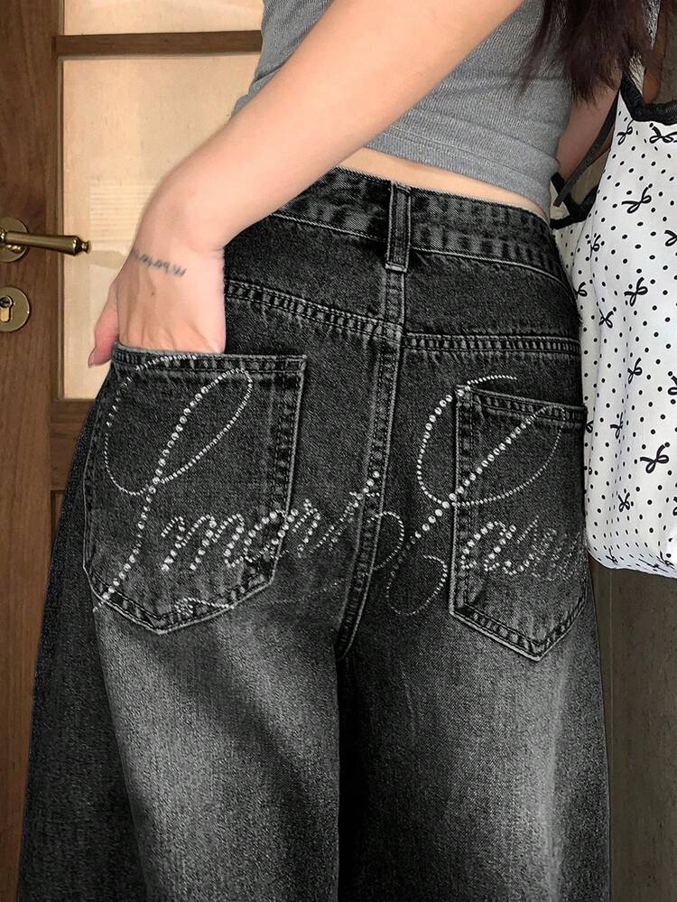 Women's Korean Style Letter Rhinestone Washed Slant Pocket Loose Fit Jeans