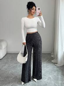 SHEIN Elenzya Women's Comfortable Silver Thread Loose Long Casual Pants, Elegant For Party, Date, Daily Gathering, Autumn/Winter
