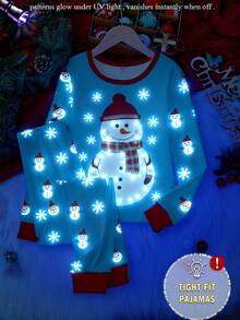 男童圣诞夜光雪人和雪花印花睡衣套装，柔软针织弹力面料长袖上衣和裤子，舒适睡衣 - 藍色 - 查看 4