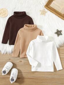 SHEIN 3 件套婴儿男童/女童休闲弹力舒适高领毛衣，保暖内衬，柔软，纯色，百搭秋冬 - 彩色 - 查看 5