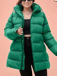 EURMUSE Plus Size Zip Up Drawstring Hooded Padded Coat - Dark Green - View 8