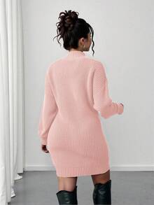 Elenzga Plus Size Solid Color Fitted Knit Dress, Casual For Autumn/Winter - Coral Pink - View 2