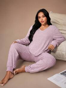Lazeform Plus Size Knit Ribbed V-Neck Long Sleeve Top & Pants Pajama Set, Winter Clothes - Mauve Purple - View 8