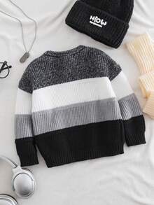 SHEIN 男童简约撞色宽条纹拼接粗针织毛衣，百搭校服居家穿搭，适合秋冬季 - 彩色 - 查看 2