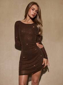 SHEIN BAE 秋冬女装，适合日常穿着、约会、郊游、夜总会、派对、鸡尾酒会、浪漫约会、秋冬分层穿着、派对、正式聚会、万圣节、圣诞节 - 咖啡色/棕色，长袖，性感露背，紧身，水钻闪亮，优雅长裙 - 棕色 - 查看 1