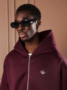 SUMWON 短款男式全拉链连帽衫，带文字图案，酒红色休闲秋冬外套 - 酒紅色 - 查看 3