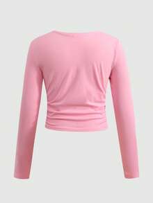 SHEIN Girlism Camiseta con diseño fruncido y coletero para niñas preadolescentes, moda casual versátil para uso diario - Rosa Pálido - Ver 2