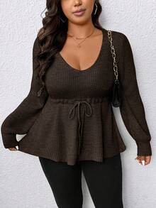 EMERY ROSE Plus Size Women Pullover Sweater With Cinched Waist Design, A-Line Silhouette, Elegant - Coffee Brown - View 3