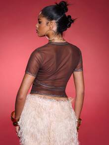 Normani 图形太阳印花网眼修身 T 恤度假伊比沙岛优雅伊比沙岛可爱海滩节狂欢波西米亚风假日，秋季返校外出上衣俱乐部万圣节派对 - 咖啡棕 - 查看 4