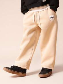 SUMWON Calça de Moletom Bege para Meninos com Cordão na Cintura e Punhos Nervurados para Conforto e Brincadeiras Diárias - Caqui - Visão 4