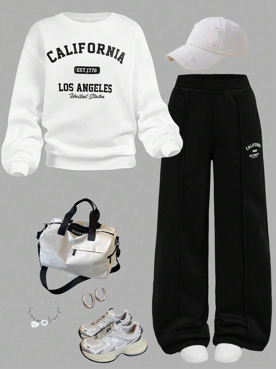 Girlism Teen Girls' Basic Casual Letter Print Sweatshirt Set, Black & White - Black and White - View 1