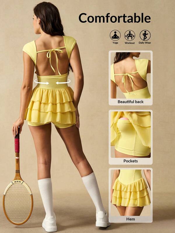 VARSITIE Women's Solid Color Round Neck Raglan Sleeve Backless Tie-Up Ruffle Hem Sports Dress