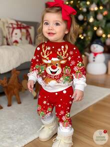 SHEIN Bộ đồ liền thân dài tay cổ tròn dày mềm mại và quần legging cho bé gái dễ thương, hoạt hình vui nhộn, tuần lộc Giáng sinh, nhuộm loang màu bông tuyết Giáng sinh đỏ lễ hội, mùa thu/đông - Nhiều màu - Xem 1