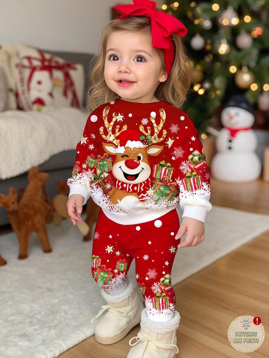 SHEIN Bộ đồ liền thân dài tay cổ tròn dày mềm mại và quần legging cho bé gái dễ thương, hoạt hình vui nhộn, tuần lộc Giáng sinh, nhuộm loang màu bông tuyết Giáng sinh đỏ lễ hội, mùa thu/đông - Nhiều màu - Xem 1